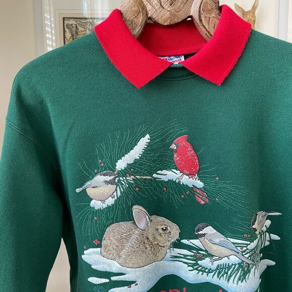 Vintage 90s Hanes Activewear Collared Sweatshirt Cardinal Bunny Snow Green Red L - Picture 1 of 10